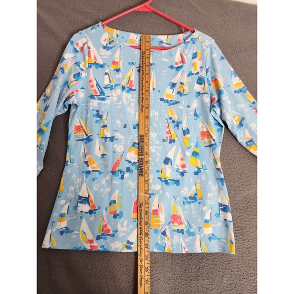 J. McLaughlin Blue Nautical Sailboat Catalina Cloth Wavesong Top 3/4 Sleeve Sz L - Picture 3 of 9